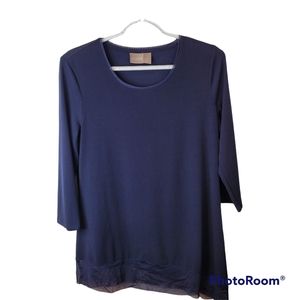 Chico's Blue‎ Diagonal Asymmetrical Mesh Hem 3/4 Sleeve Blouse Top Size 0/Small